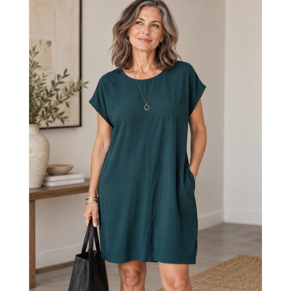 Eileen Fisher Forest Green 100% Silk Shift Dress Cap Sleeve Pockets S/P F18ES